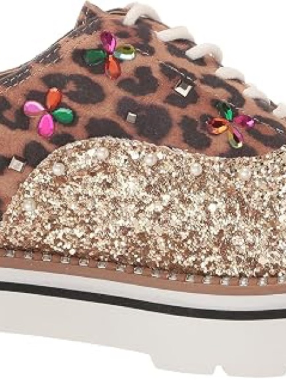 Betsey Johnson Gold Glitter Leopard Platform Sneaker with Multicolor Gem Flowers - Picture 8 of 16
